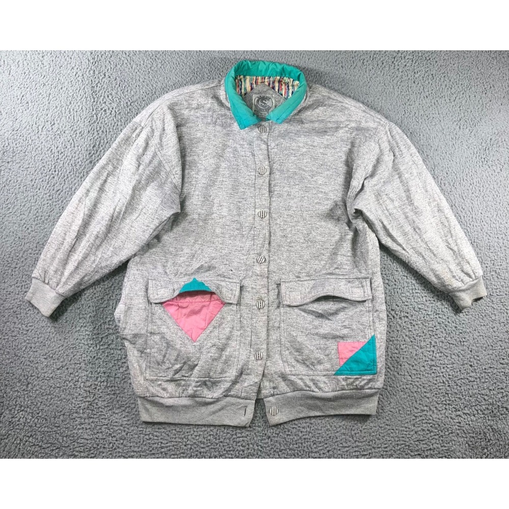 Vintage 80s Current Seen Sweatshirt Jacket Women XL Grey Grandma Eclectic Pastel